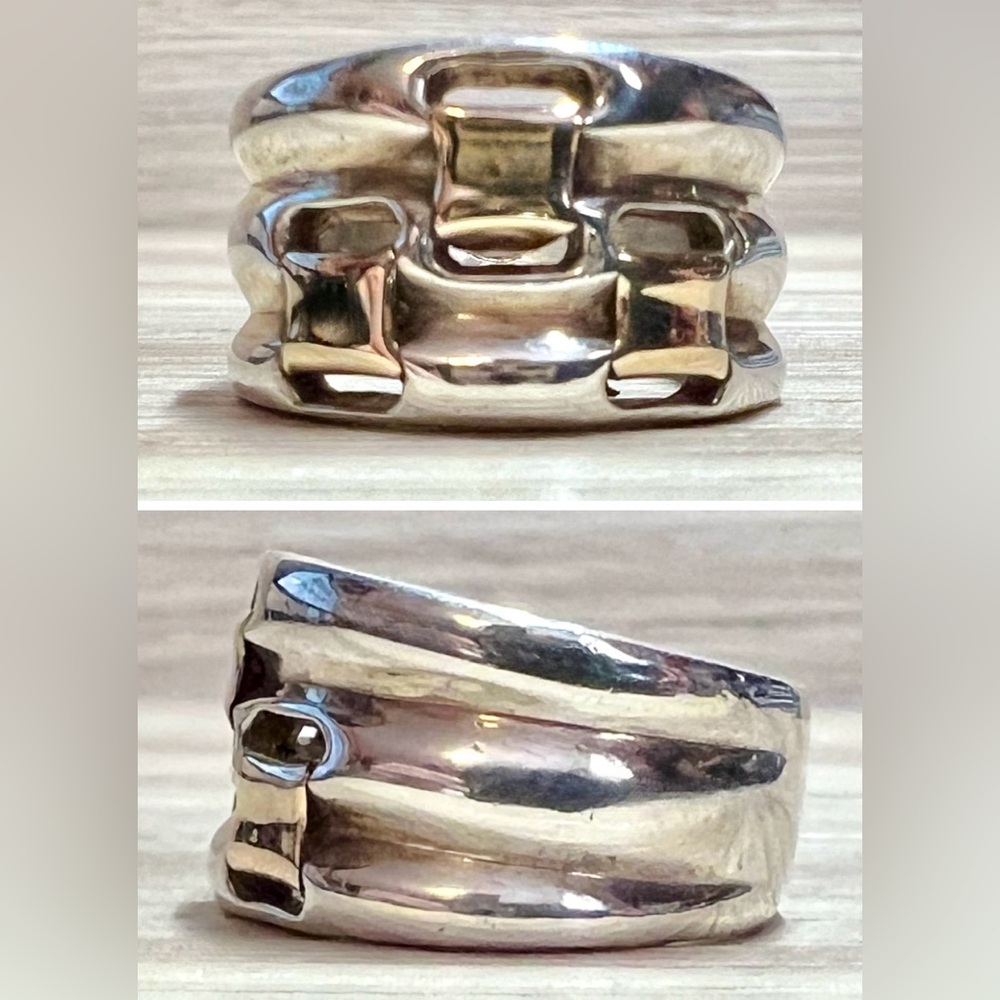 Vintage Designer Signed BV Sterling Silver & 14K Gold Wide Band Ring, Size 6.5